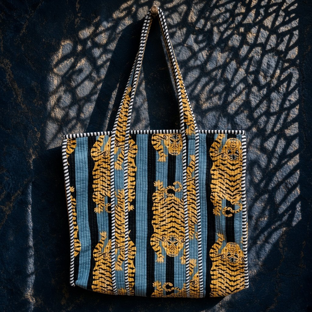 Indigo tiger quilted tote