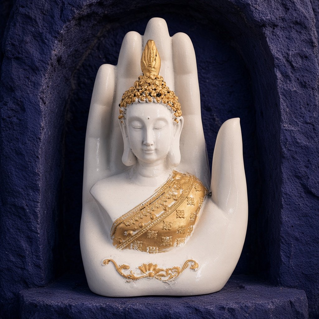 White Buddha on an open palm
